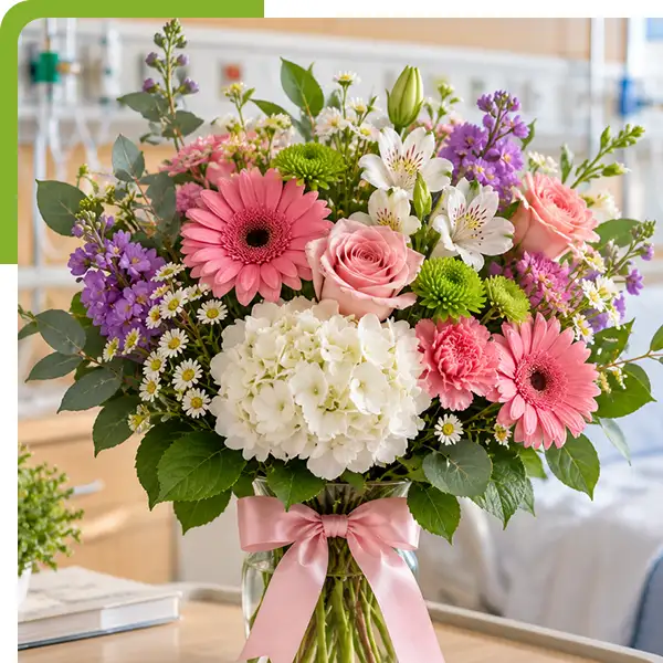 Colorful floral arrangement of pink roses, gerbera daisies, white hydrangeas, purple filler flowers, green chrysanthemums, 
                          and greenery in a glass vase with a pink ribbon, displayed on a bedside table in a bright hospital room from Shoreline Florist in Norwich, CT